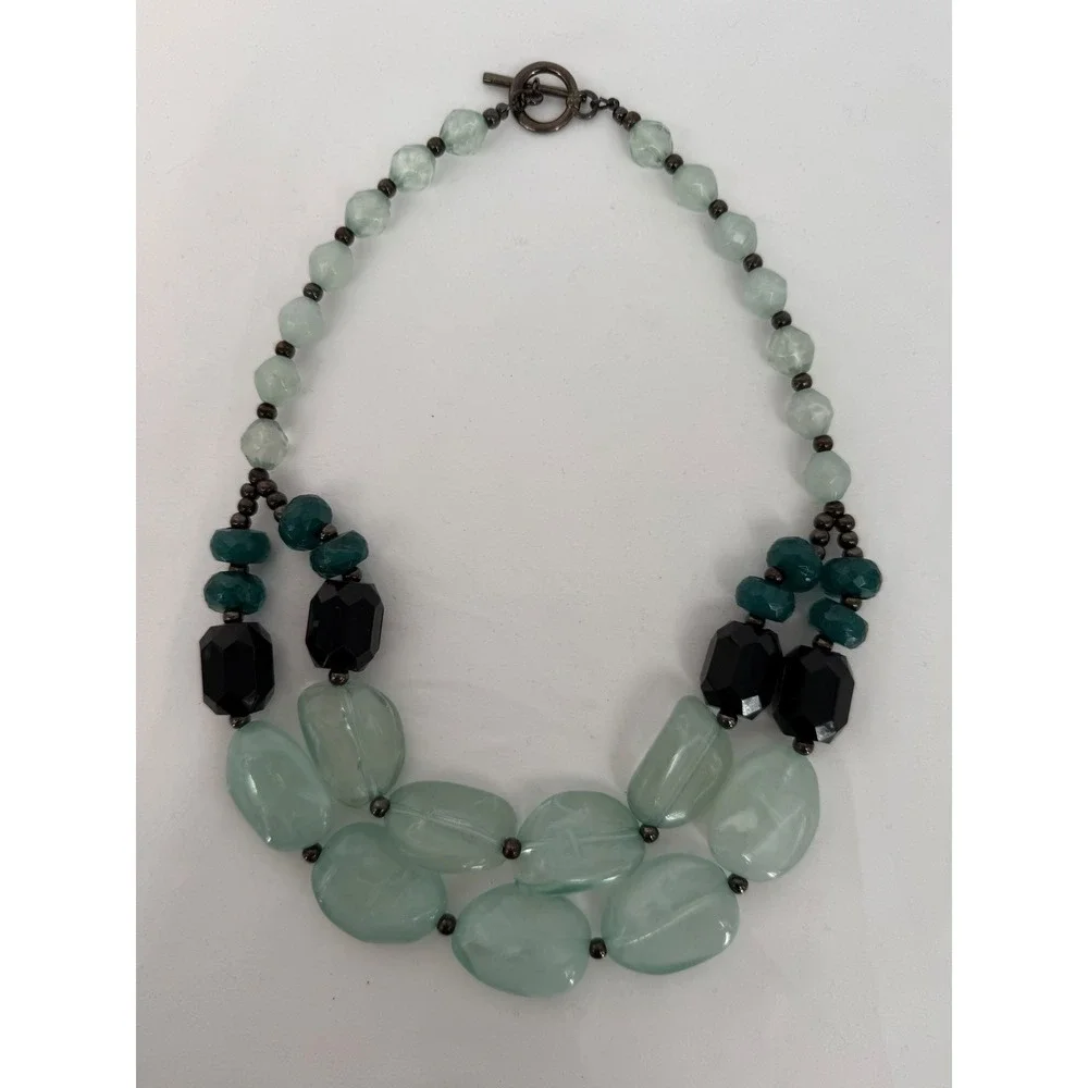 Chunky Beaded Necklace Seafoam Green Teal Black Multi Strand Toggle Chic 103-167